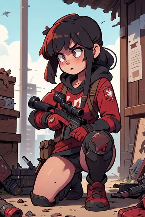 ((masterpiece, best quality)), 1girl, sniper rifle, khorne, aiming, holding gun, scope, one knee