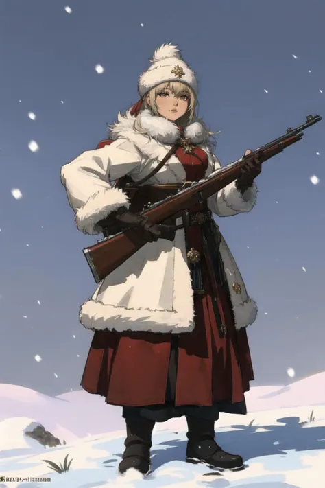 slavic girl, cossack, snowy background, fur trimming, holding rifle, gun, antique rifle <lora:gunsLoHatry3:0.7>, gloves