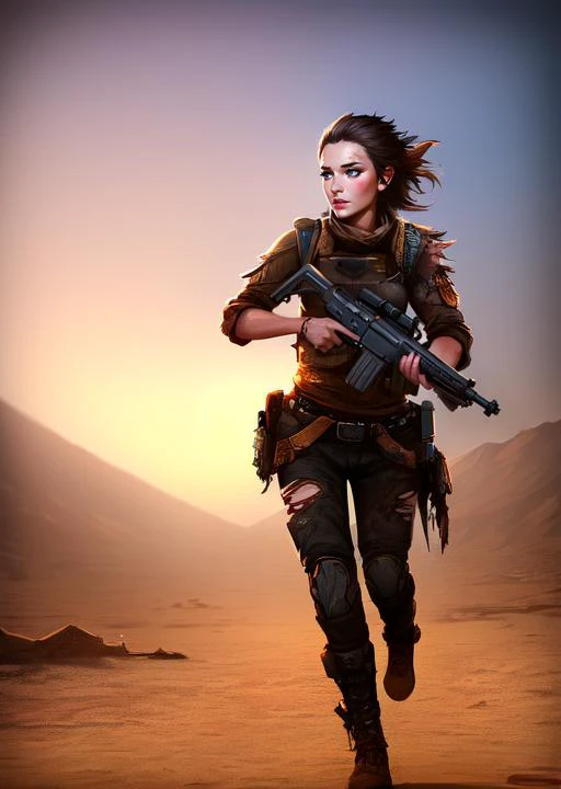 masterpiece, best quality, detailed lips, detailed face, detailed skin, 1girl, submachine gun, post apocalyptic, torn clothes, running, desert, night, night sky<lyco:gunsLoHatry3-000025:0.7>