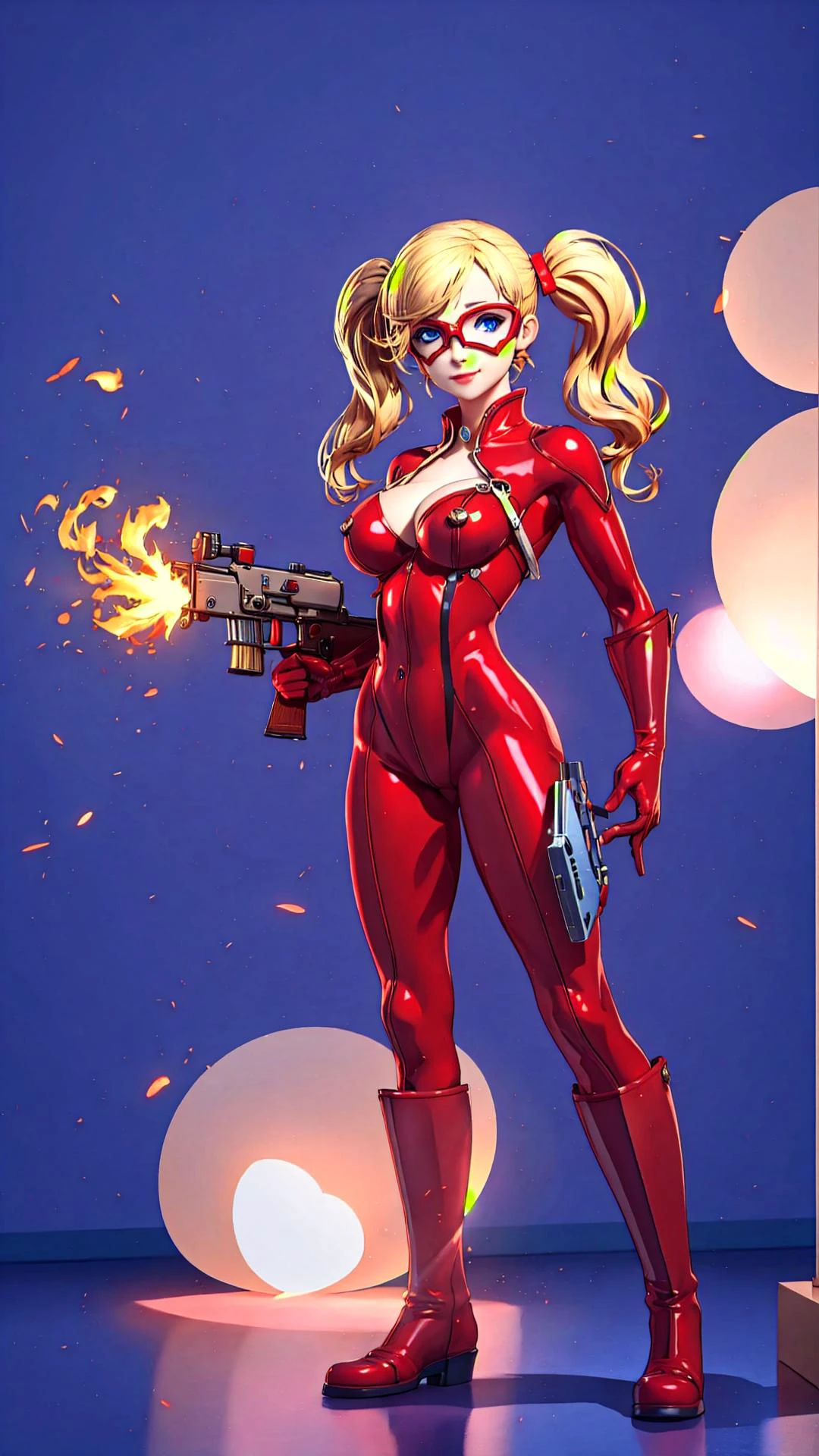 <lora:Panther, Ann Takamaki - Persona 5:0.8> blonde hair, twintails, blue eyes, red latex bodysuit, long boots, gloves, cleavage, smirk, (thief mask:1.10), dspanther, BREAK, <lora:ArsenalLoHa-v1.0:0.5>, assault rifle, thompson submachine gun, tommy gun. firing, BREAK, <lora:blindbox_v1_mix:1> full body, chibi, masterpiece, best quality, extremely detailed, highly quality, 4k, sharp focus, professional, sharp focus, award winning, cinematic lighting, octane render, unreal engine, volumetrics dtx, Wallpaper,