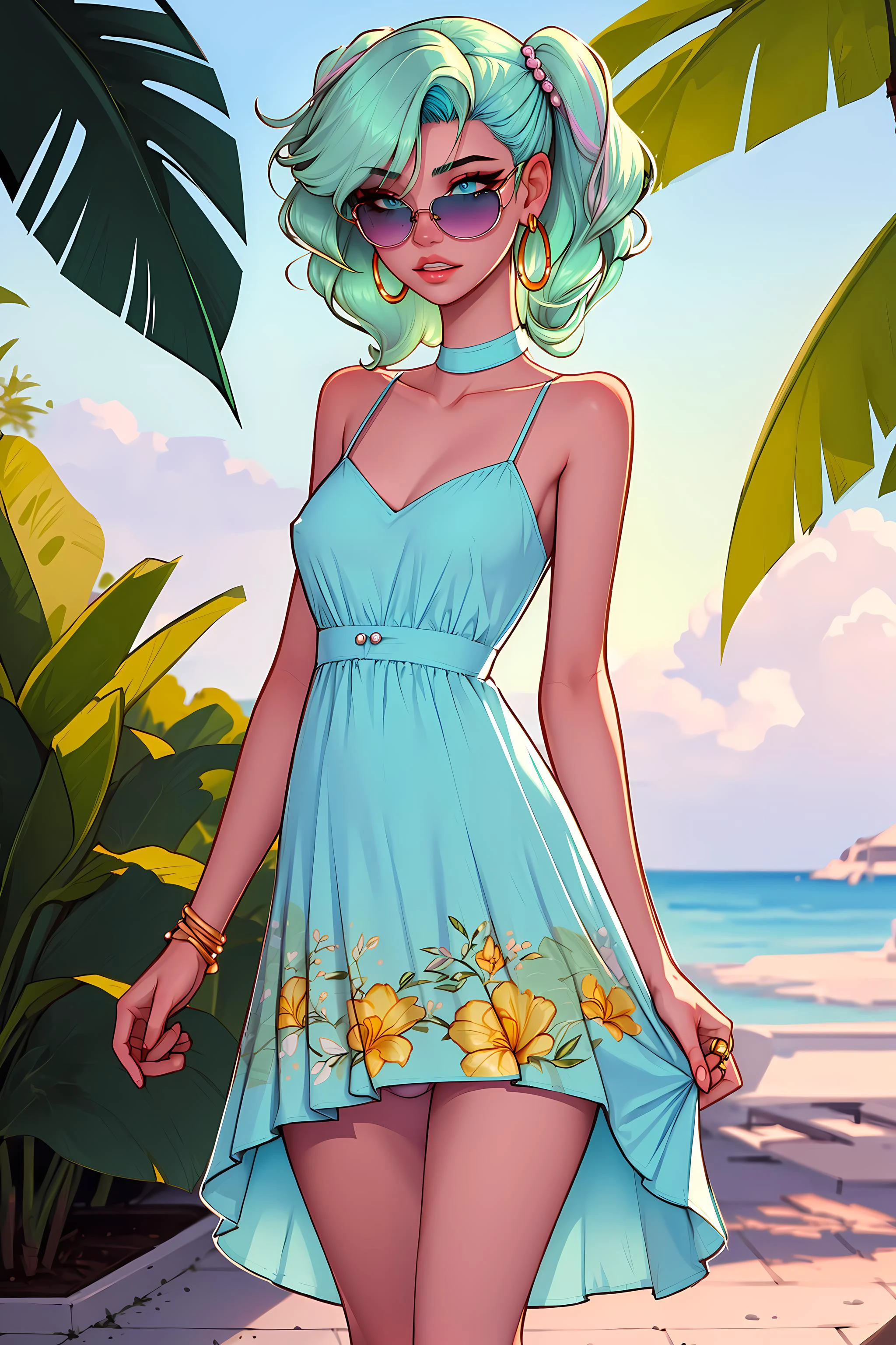 masterpiece, best quality, 1girl, futanari, Ray tracing, hdr, volumetric lighting,
Standing with legs apart arms folded across the chest,
Pastel blue and mint green ombre hair, Side-Swept Curls with Pearl Hairpin, playful Aquamarine eyes, golden hoop earrings, choker,
athletic, flat chest, narrow shoulders, narrow waist, flat hips, covered nipples, bulge, Flowy maxi dress with a tropical print and a pair of sunglasses for a vacation vibe, <lora:KTF_10:1>