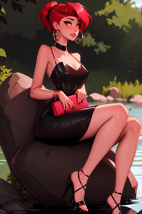 masterpiece, best quality, 1girl, futanari, Ray tracing, hdr, volumetric lighting,
Sitting on a rock or boulder looking peaceful,
Pink and Red hair, Comb-Over with Tapered Sides, playful Rose Gold eyes, golden hoop earrings, choker,
athletic, small and droopy breasts, narrow shoulders, narrow waist, wide hips, covered nipples, bulge, Cocktail: Little black dress, strappy heels, and a clutch bag, <lora:KTF_10:1>