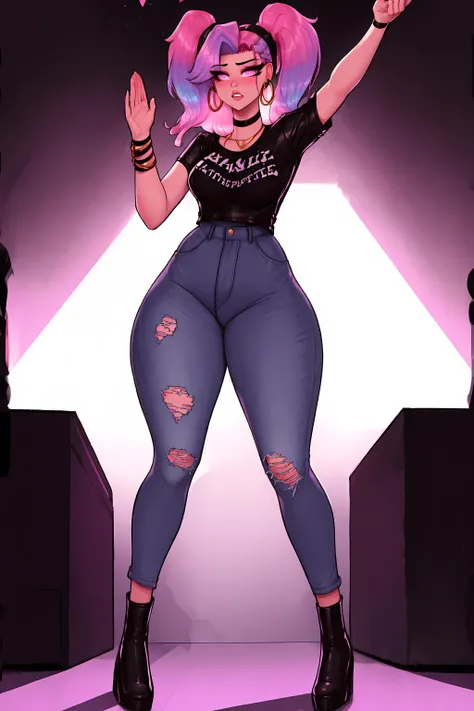 masterpiece, best quality, 1girl, futanari, Ray tracing, hdr, volumetric lighting,
Standing with arms raised to the sides palms up,
Pink and pastel purple ombre hair, Braided Ponytail, playful Carmine eyes, golden hoop earrings, choker,
athletic, flat chest, narrow shoulders, narrow waist, wide hips, covered nipples, bulge, Rock Concert: Ripped jeans, band tee, leather jacket, and boots, <lora:KTF_10:1>