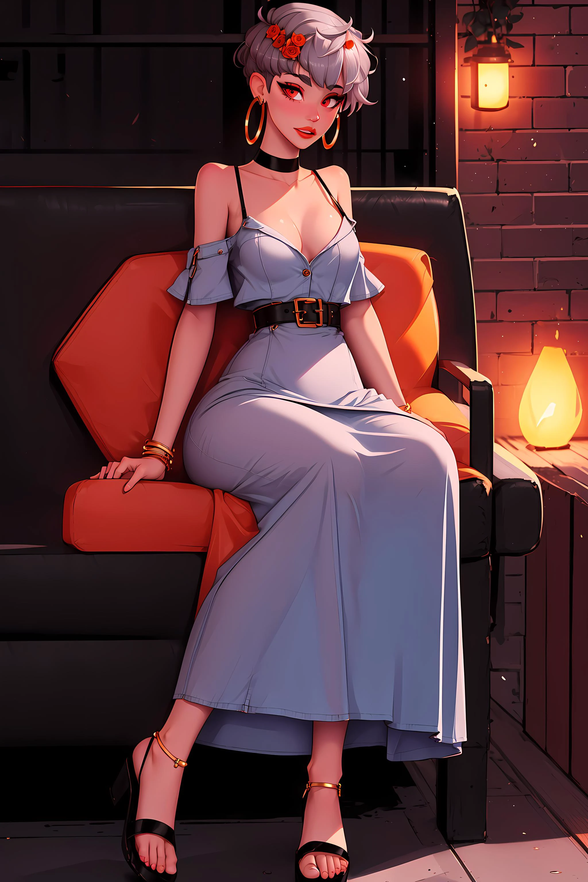 masterpiece, best quality, 1girl, futanari, Ray tracing, hdr, volumetric lighting,
Hands clasped behind the head reclining,
Orange and Gray hair, Buzz Cut with Shaved Design, playful Dark red eyes, golden hoop earrings, choker,
athletic, small and rosebud shaped breasts, narrow shoulders, narrow waist, narrow hips, covered nipples, bulge, Flowing floral maxi dress with a denim jacket and sandals, <lora:KTF_10:1>