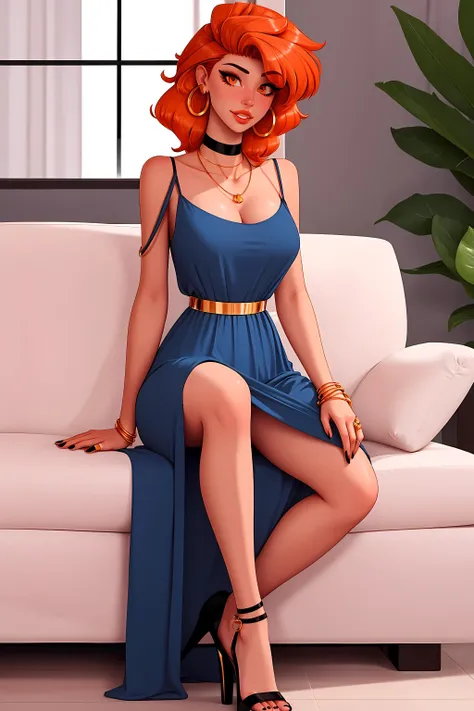 masterpiece, best quality, 1girl, futanari, Ray tracing, hdr, volumetric lighting, 
Sitting with legs tucked under hands on the lap, 
Blue and Orange hair, Short and Tousled Hair with Taper Fade, playful Terracotta eyes, golden hoop earrings, choker,
athletic, flat chest, narrow shoulders, narrow waist, flat hips, covered nipples, bulge, Resort Glam: Flowy maxi dress, statement necklace, and strappy heels, <lora:KTF_10:1>