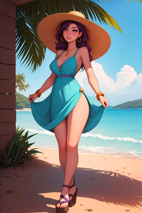 masterpiece, best quality, 1girl, futanari, Ray tracing, hdr, volumetric lighting, solo, tall female, mature female,
Balancing on one foot with arms extended to the side,
Purple and turquoise highlights hair, Faded Mohawk with Shaved Designs, big hair, playful Indian red eyes, golden hoop earrings, choker, thick lips,
athletic, medium and pendulous breasts, narrow shoulders, narrow waist, small and firm hips, (covered nipples), (bulge:0.8), Tropical Vacation: Maxi dress, floppy hat, and wedge sandals, <lora:KTFv2_10:1.0>
