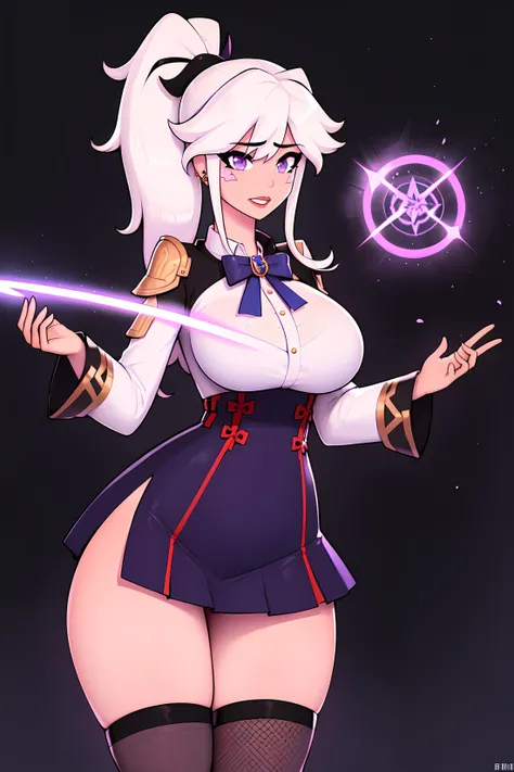 1girl, japanese clothes, ponytail ,white hair, purple eyes, magic circle, blue fire, blue flames, wallpaper, landscape, blood, blood splatter, depth of field, night, light particles, light rays, sidelighting, thighs, fate \(series\), genshin impact, ****, open jacket, skirt, thighhighs, cloud, <lora:KTF_10:1>