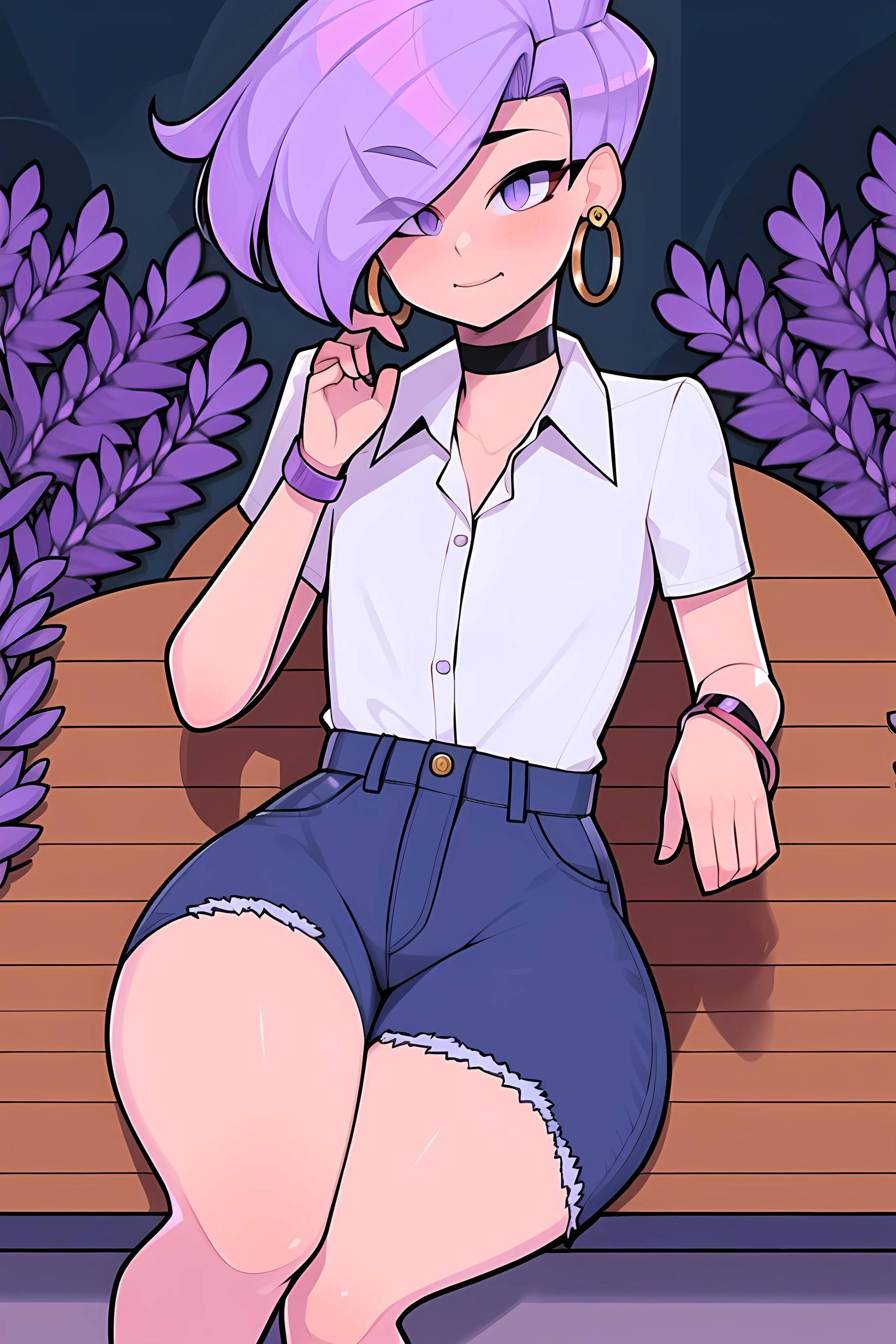 masterpiece, best quality, 1boy, Ray tracing, hdr, volumetric lighting, solo,
Sitting with legs crossed hands resting on knees,
Lavender and lilac two-tone hair hair, Tapered Cut, playful Cherry Cola eyes, small hoop earrings, choker,
athletic, flat chest, medium waist, narrow hips, Denim Button-Down Shirt, Gaucho pants, <lora:KTF_10:1>