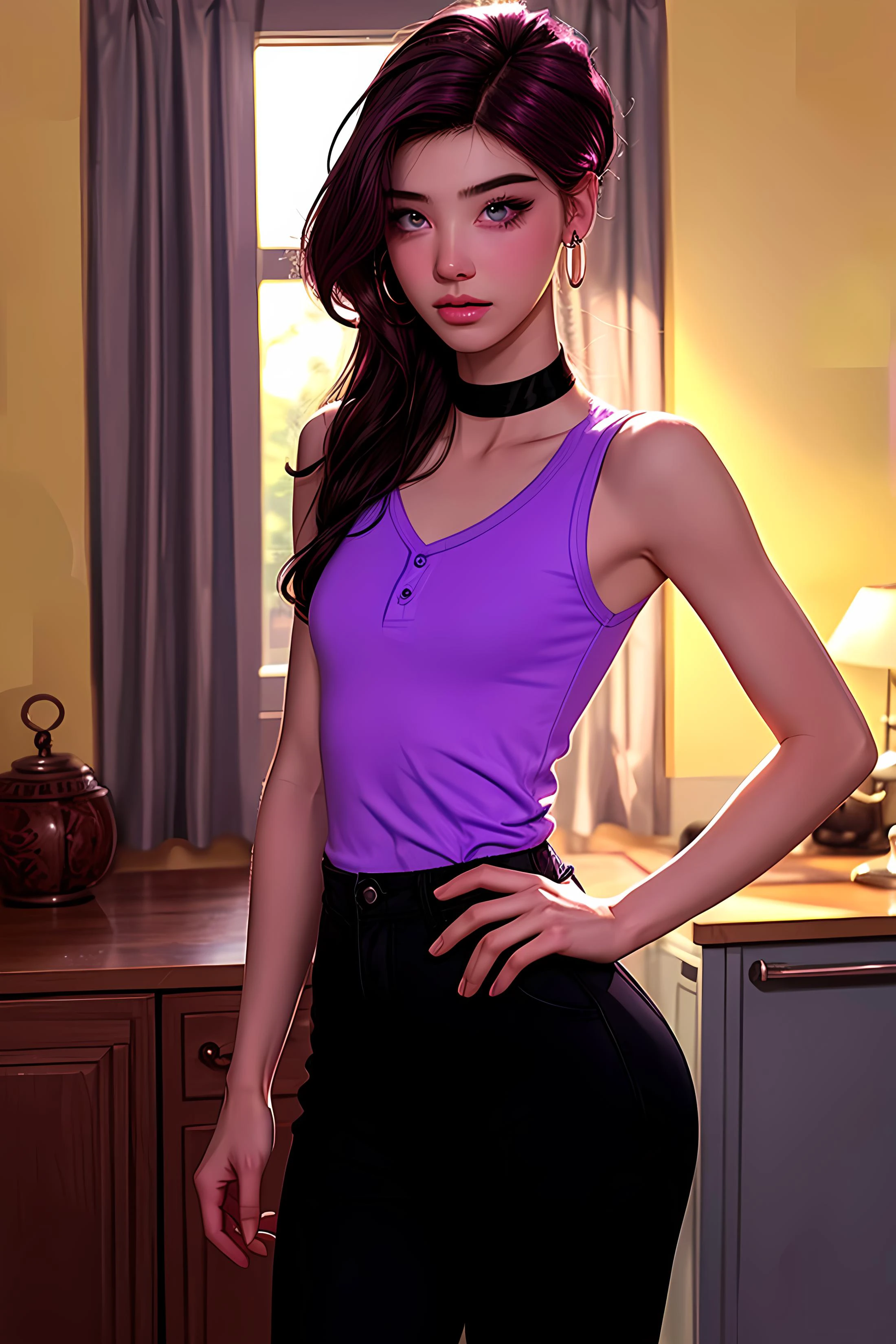 masterpiece, best quality, 1boy, Ray tracing, hdr, volumetric lighting, solo,
Standing with one hand on the waist looking sideways,
Pink and Black hair, Tapered Sides with Quiff, playful Lavender eyes, small hoop earrings, choker,
athletic, flat chest, medium waist, narrow hips, Muscle Fit Henley Shirt, Slacks, <lora:KTF_10:1>