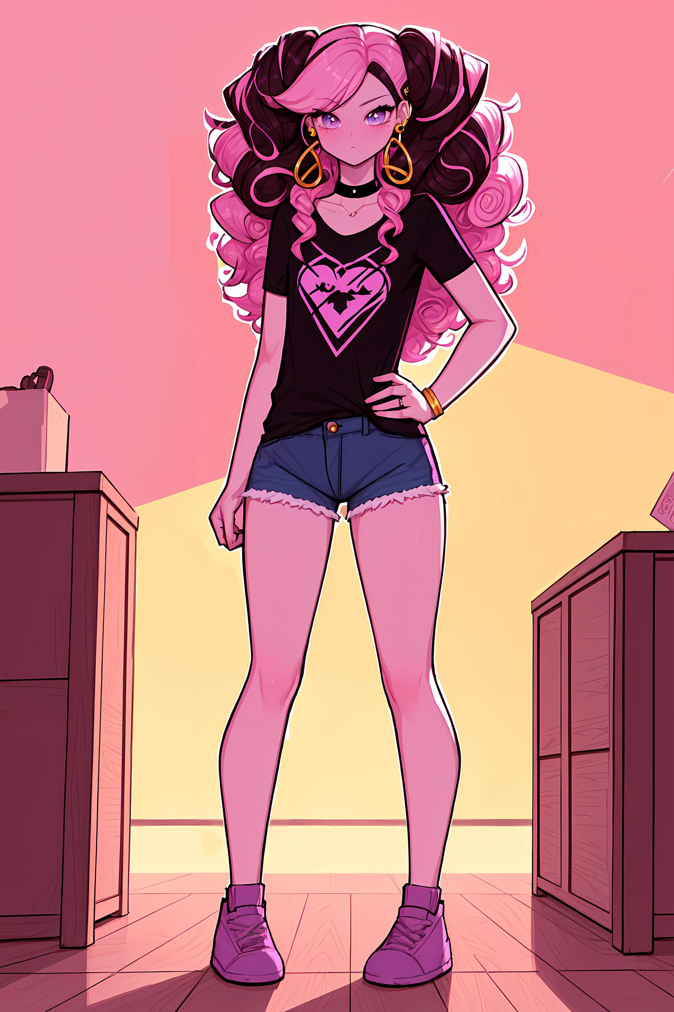 masterpiece, best quality, 1boy, Ray tracing, hdr, volumetric lighting, solo,
Standing with hands on knees looking forward,
Pink and pastel purple highlights hair, Curly Top with Beard, playful Canary eyes, small hoop earrings, choker,
athletic, flat chest, medium waist, narrow hips, Graphic Tee, Denim shorts, <lora:KTFv2_10:1.0>