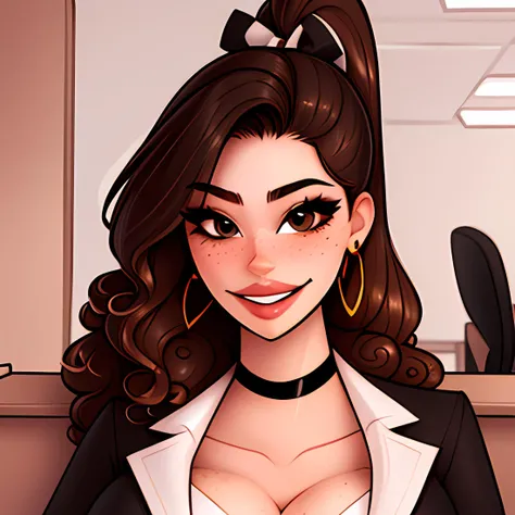 masterpiece, best quality, 1girl, Ray tracing, hdr, volumetric lighting, close-up, portrait, choker, hoop earrings, facing viewer, long hair, playful brown eyes, lustful smile, thick lips, high ponytail, back-hair bow, office lady, freckles, BREAK
brown hair, straight hair, drawing, BREAK
blonde hair, (curly hair, fluffy hair, big hair), cell shading, <lora:KTFv2_10:1>