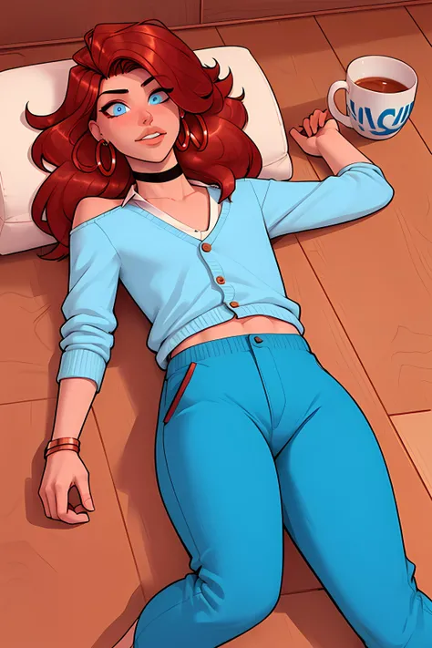 masterpiece, best quality, 1boy, Ray tracing, hdr, volumetric lighting, solo,
Lying down with one arm extended overhead,
Red and copper ombre hair, Short Textured Quiff with Beard, playful Powder blue eyes, small hoop earrings, choker,
athletic, flat chest, medium waist, narrow hips, Varsity Cardigan, Tuxedo pants, <lora:KTF_10:1>