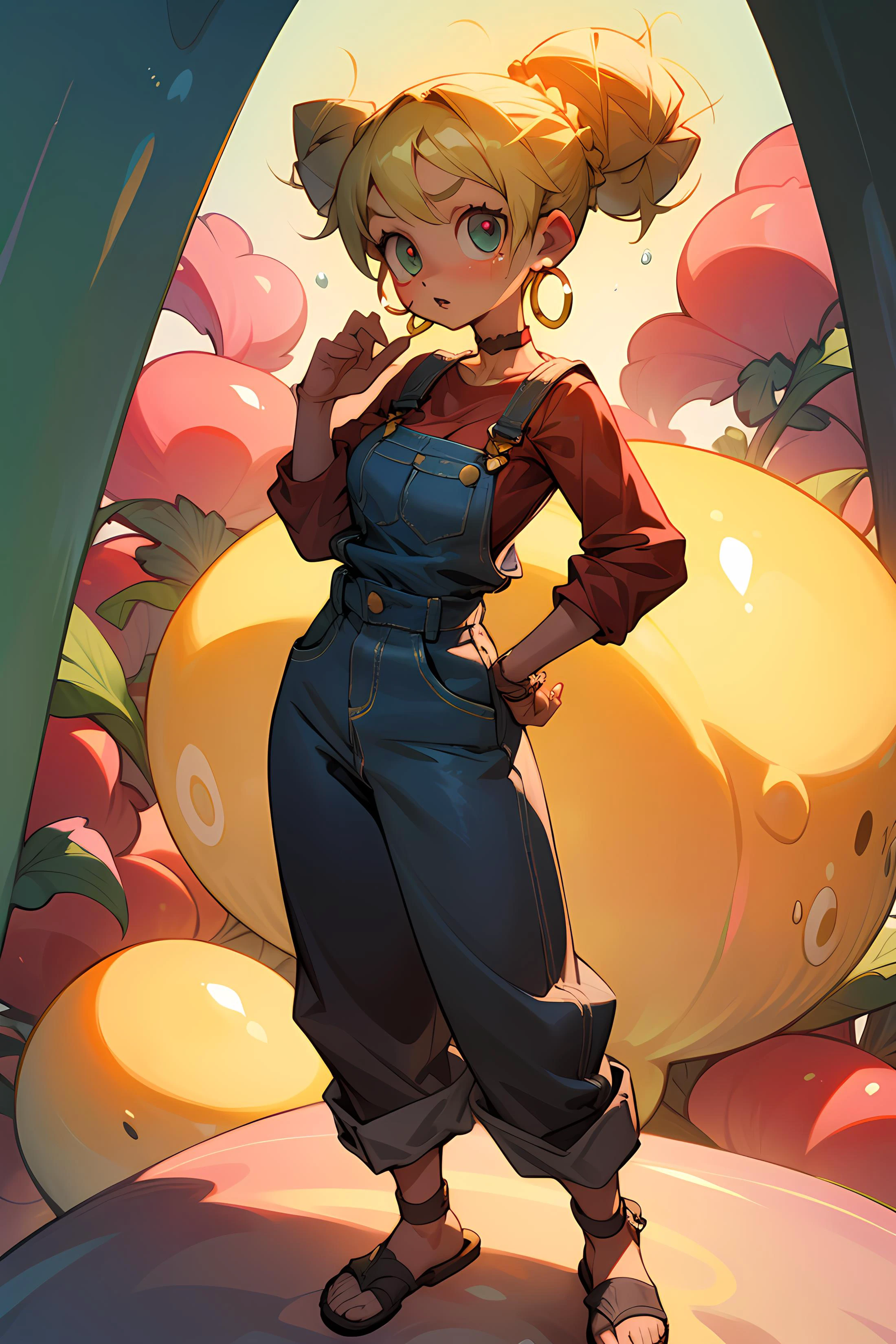 masterpiece, best quality, 1girl, futanari, Ray tracing, hdr, volumetric lighting,
Standing with one foot raised balancing,
Blonde and pastel pink highlights hair, Messy Bun with Floral Hair Comb, big hair, playful Canary eyes, golden hoop earrings, choker, thick lips,
athletic, large and teardrop shaped breasts, narrow shoulders, narrow waist, small and firm hips, covered nipples, bulge, Denim overalls with a cute top underneath, a straw hat, and sandals for a summery look, <lora:KTF_01:1>, <lora:KTF_10:-0.9>, mature female