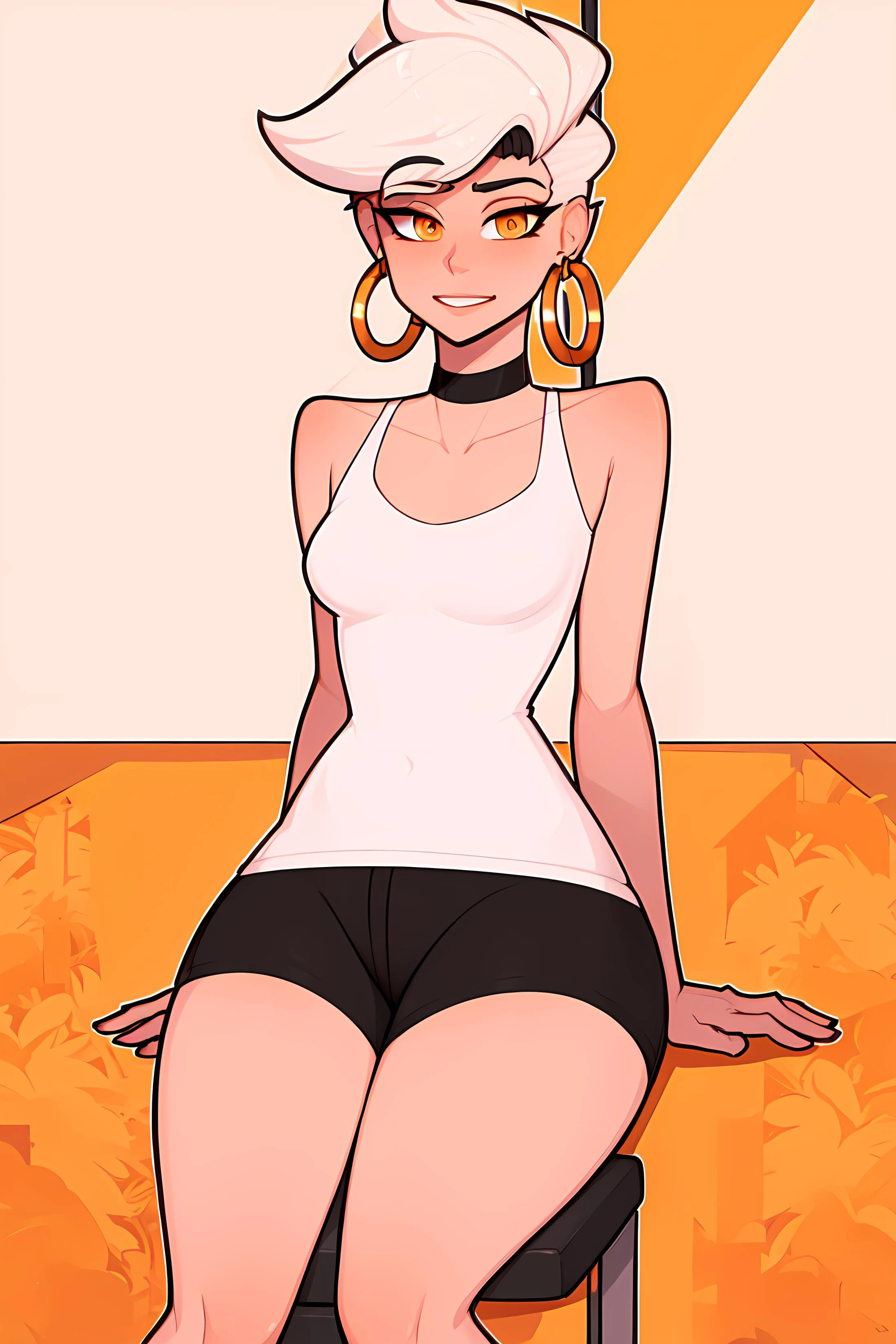 masterpiece, best quality, 1boy, Ray tracing, hdr, volumetric lighting, solo,
Sitting on a chair with arms resting on the backrest,
Orange and White hair, Quiff, playful Gold eyes, small hoop earrings, choker,
athletic, flat chest, medium waist, narrow hips, Crew Neck Sweater, Dress shorts, <lora:KTF_10:1>