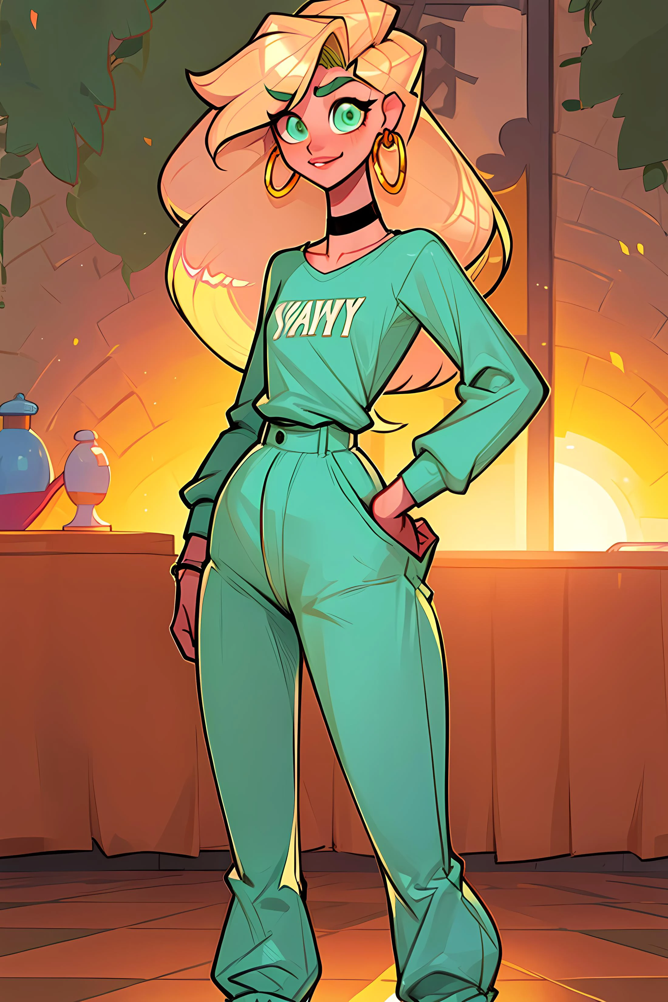 masterpiece, best quality, 1boy, Ray tracing, hdr, volumetric lighting, solo,
Standing with hands on the hips leaning slightly backward,
Blonde and pastel pink ombre hair, Long Flowing Hair, playful Minty Blue-Green eyes, small hoop earrings, choker,
athletic, flat chest, medium waist, narrow hips, Long-Sleeve T-Shirt, Linen trousers, <lora:KTF_10:1>
