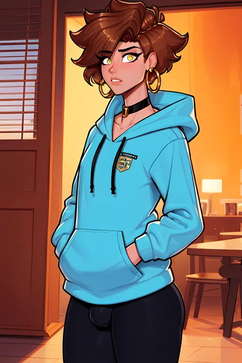 masterpiece, best quality, 1boy, Ray tracing, hdr, volumetric lighting, solo,
Standing with hands in pockets,
Yellow and Brown hair, Spaghetti Hair, playful Turquoise eyes, golden hoop earrings, choker,
athletic, flat chest, medium waist, small hips, covered nipples, bulge, Longline Hoodie, Suit pants, <lora:KTF_10:1>