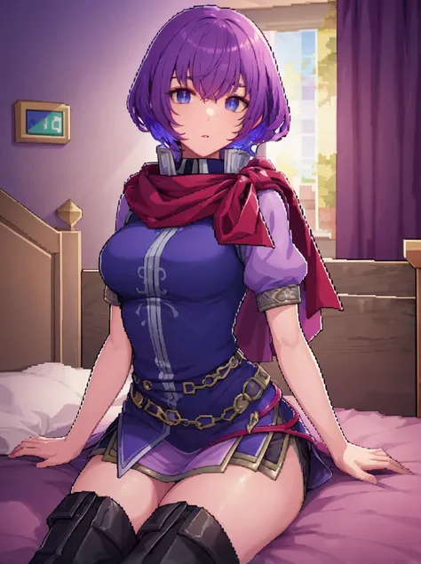 (pixelart:1.3), (mksks style, detailed background),
katarina fe, purple dress, thigh boots, scarf, solo, comfy,
(on bed, indoors), short dress,