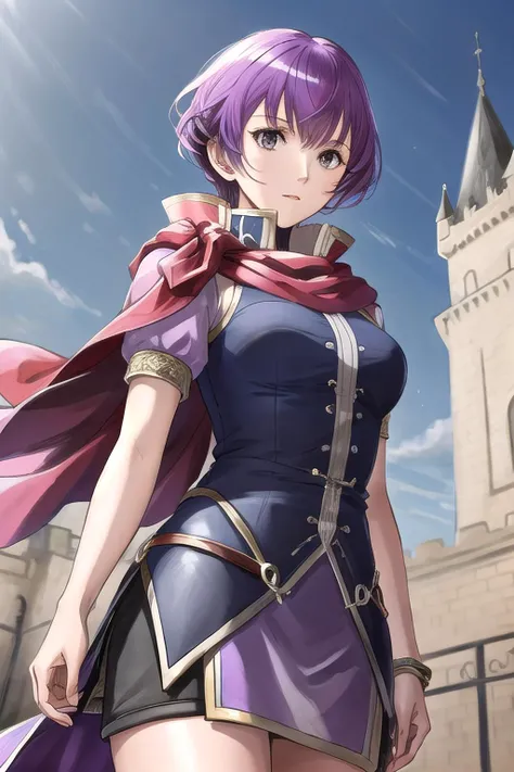 <lora:katarina-08:0.8>, katarina fe, 1girl, solo, looking at viewer, standing, [serious], castle background, upper body, dress, purple dress, short dress, scarf, looking down, from below, black skirt