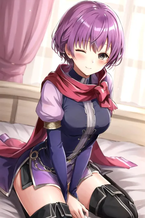 <lora:katarina-08:0.8>, katarina fe, 1girl, solo, looking at viewer, blush, sitting, on bed, seductive smile, dress, purple dress, short dress, thigh boots, scarf, hand between legs, wariza, one eye closed
