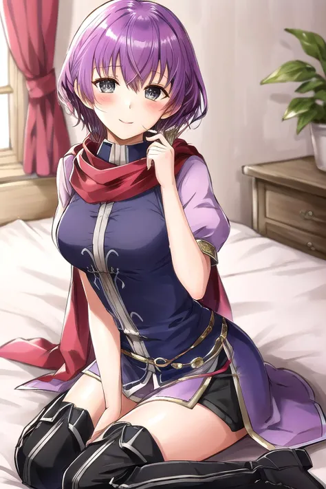 <lora:katarina-08:0.8>, katarina fe, 1girl, solo, looking at viewer, blush, sitting, on bed, seductive smile, dress, purple dress, short dress, thigh boots, scarf, hand between legs, wariza
