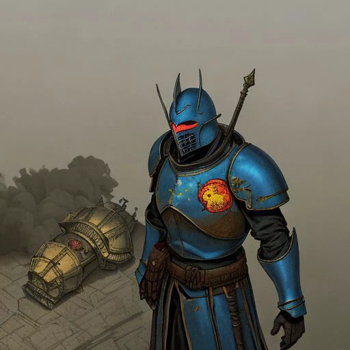 philippe druillet,enki bilal,moebius inspired french comics, bird's-Eye View of a man knight armor, resting in a haze of smoke, dust, eerie colored gas fog, <lora:primaris_marine-knight_armor-000007:0.8>, g1g3r, <lora:g1g3r:0.4>, distinct contrast in colors and textures, grainy texture,surreal
