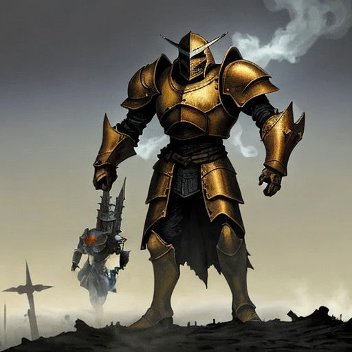 philippe druillet,enki bilal,moebius inspired french comics, bird's-Eye View of a man knight armor, resting in a haze of smoke, dust, eerie colored gas fog, <lora:primaris_marine-knight_armor-000007:0.8>, g1g3r, <lora:g1g3r:0.4>, distinct contrast in colors and textures, grainy texture,surreal