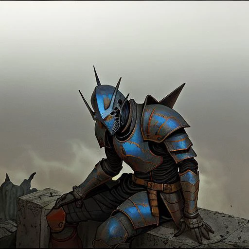 philippe druillet,enki bilal,moebius inspired french comics, bird's-Eye View of a man knight armor, resting in a haze of smoke, dust, eerie colored gas fog, <lora:primaris_marine-knight_armor-000007:0.8>, g1g3r, <lora:g1g3r:0.4>, distinct contrast in colors and textures, grainy texture,surreal