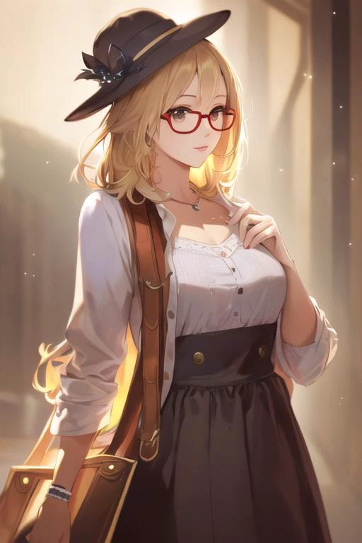 masterpiece,bestquality,ultra-detailed,Cinematic Lighting,llustration,masterpiece, best quality,1girl, medium breasts,medium hair, solo,<hypernet:Mirai:1> , kuriyama_mirai, glasses, red-framed_eyewear, hat, blonde hair, dress, cosplay, fashion, long hair, polka dot, bag, skatesrealistic and detailed clothes, fine fabric emphasis, photorealistic, (extremely detailed), detailed hair, best resolution, best quality, ((medium breasts)), best resolution, best quality, (Masterpiece), extremely detailed face, Original Character, perfect lighting, best colors, colorful, beautiful, fine detail, ultra high resolution, Natural Volumetric Lighting And Best Shadows, Deep Depth Of Field, (Highest Quality, Amazing Details:1.4)