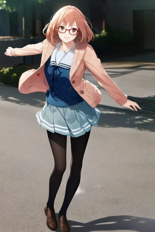 masterpiece,best quality, ultra-detailed, detailed face, 1girl, Kuriyama Mirai, standing, brown_shoes, black_legwear, blue_skirt, smile, brown_hair, cardigan, glasses, kuriyama_mirai, <hypernet:Mirai:1>, motion_lines, open_cardigan, open_clothes, pantyhose, ((white_background)), pleated_skirt, red-framed_eyewear, school_uniform, serafuku, short_hair, skirt, solo, skatesrealistic and detailed clothes, fine fabric emphasis, photorealistic, (extremely detailed), detailed hair, best resolution, best quality, ((medium breasts)), best resolution, best quality, (Masterpiece), extremely detailed face, Original Character, perfect lighting, best colors, colorful, beautiful, fine detail, ultra high resolution, Natural Volumetric Lighting And Best Shadows, Deep Depth Of Field, (Highest Quality, Amazing Details:1.4)