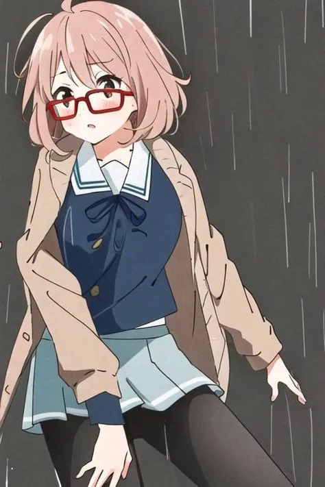 1girl, black_legwear, blue_skirt, blush, brown_hair, cardigan, glasses, kuriyama_mirai, motion_lines, open_cardigan, open_clothes, pantyhose, pink_background, pleated_skirt, rain, red-framed_eyewear, school_uniform, serafuku, short_hair, skirt, solo, trembling<hypernet:Mirai:1.0>