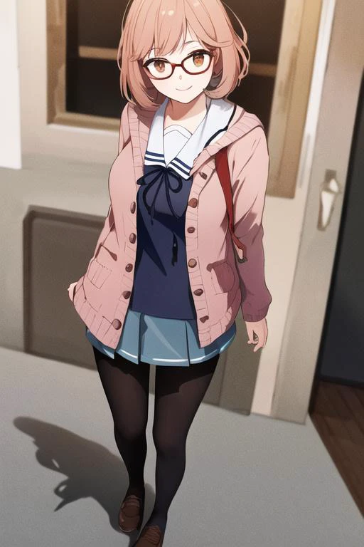 masterpiece,best quality, ultra-detailed, detailed face, 1girl, Kuriyama Mirai, standing, brown_shoes, black_legwear, blue_skirt, smile, brown_hair, cardigan, glasses, kuriyama_mirai, <hypernet:Mirai:1>, motion_lines, open_cardigan, open_clothes, pantyhose, ((white_background)), pleated_skirt, red-framed_eyewear, school_uniform, serafuku, short_hair, skirt, solo, skatesrealistic and detailed clothes, fine fabric emphasis, photorealistic, (extremely detailed), detailed hair, best resolution, best quality, ((medium breasts)), best resolution, best quality, (Masterpiece), extremely detailed face, Original Character, perfect lighting, best colors, colorful, beautiful, fine detail, ultra high resolution, Natural Volumetric Lighting And Best Shadows, Deep Depth Of Field, (Highest Quality, Amazing Details:1.4)