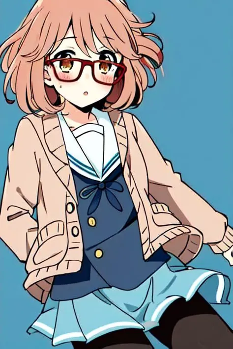 1girl, black_legwear, blue_skirt, blush, brown_hair, cardigan, glasses, kuriyama_mirai, motion_lines, open_cardigan, open_clothes, pantyhose, simple_background, pleated_skirt, red-framed_eyewear, school_uniform, serafuku, short_hair, skirt, solo<hypernet:Mirai:1.0>