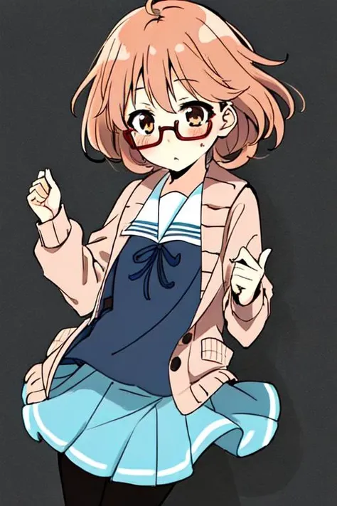 1girl, black_legwear, blue_skirt, blush, brown_hair, cardigan, glasses, kuriyama_mirai, motion_lines, open_cardigan, open_clothes, pantyhose, simple_background, pleated_skirt, red-framed_eyewear, school_uniform, serafuku, short_hair, skirt, solo<hypernet:Mirai:1.0>