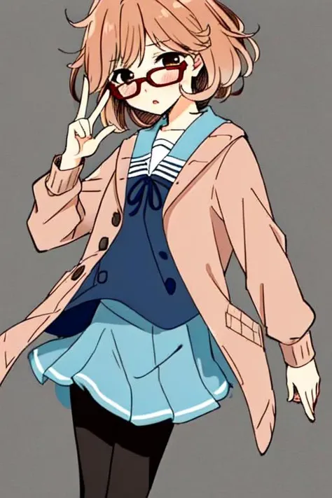 1girl, black_legwear, blue_skirt, blush, brown_hair, cardigan, glasses, kuriyama_mirai, motion_lines, open_cardigan, open_clothes, pantyhose, simple_background, pleated_skirt, red-framed_eyewear, school_uniform, serafuku, short_hair, skirt, solo<hypernet:Mirai:1.0>