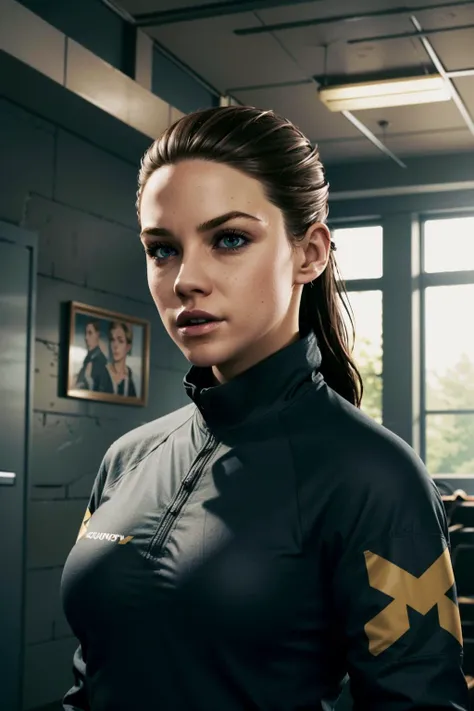 futuristic architecture, sci-fi complex corridors, standing, Courtney Hope, upper body portrait, wide tactical unloading belt, large breast, athletic body, bright blue eyes, long smooth pale ginger hair fully combed back in ponytail, masterpiece, extremely detailed, best quality, realistic, raw photo, detailed face and eyes, closed mouth, QuantumBeth, 1girl, solo, <lora:QuantumBeth:0.8>