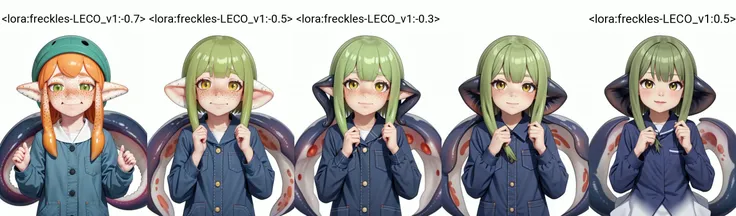 <lora:freckles-LECO_v1:-0.7>, freckles, (squid_girl:1.1), green skin, long_sleeves, tentales, Scylla, upper body