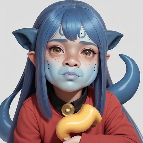 <lora:freckles-LECO_v1:-0.3>, freckles, (monster_girl:1.1), (blue skin:1.2), long_sleeves, tentacles, Scylla, face focus, detailed face, realistic, 1woman, pig_nose, point at self