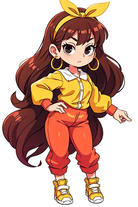Asian-Less, <lora:pixel_f2:0.1>, <lora:add_detail:0.1>, white background, simple background, full body shot, <lora:noribs_v11:0.8>, <lora:GoodHands-beta2:0.8>, 1girl, solo, black eyes, long hair, brown hair, earrings, hoop earrings, jewelry, hairband, yellow hairband, pink pants, blouse, yellow blouse, long sleeves