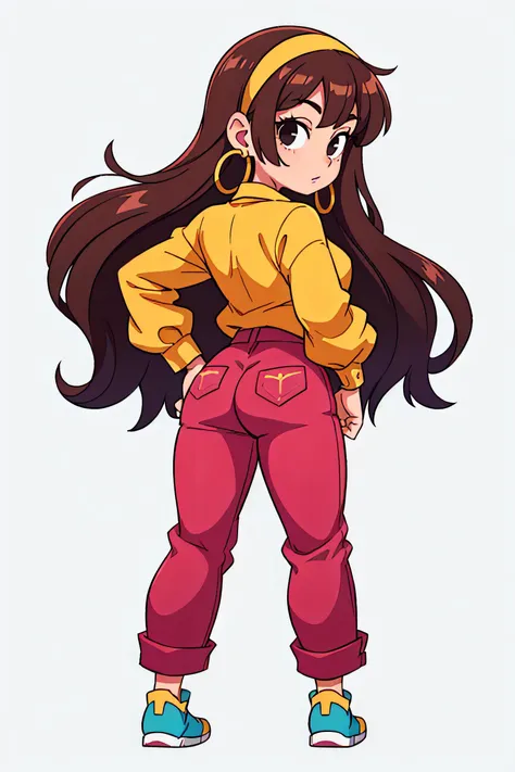 Asian-Less, <lora:pixel_f2:0.1>, <lora:add_detail:0.1>, white background, simple background, from behind, full body shot, <lora:noribs_v11:0.8>, <lora:GoodHands-beta2:0.8>, 1girl, solo, black eyes, long hair, brown hair, earrings, hoop earrings, jewelry, hairband, yellow hairband, pink pants, blouse, yellow blouse, long sleeves, looking at viewer, hands on hips