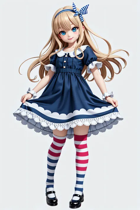 <lora:noribs_v11:0.8>, <lora:GoodHands-beta2:0.8>, smiling, looking at viewer, full body shot, simple background, white background, <lora:add_detail:0.1>, 1girl, blonde hair, blue eyes, dress, hairband, long hair, mary janes, smile, socks, solo, standing, striped, striped dress, horizontal stripes, white legwear