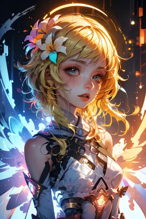 <lora:lumine:0.9> (blonde hair:1.4), 1girl, hair ornament, yellow eyes, bangs, flower, hair flower, breasts, blush, bare shoulders <lora:wrenchsmechs:0.8> wrenchsmechs, glowing, mecha, halo, mechanical wings, long hair, (wings:1.2),(close portrait:1.3),thematic background, masterpiece, extreme details, detailed, focus, masterpiece, realistic, photorealistic, 4k, 8k, 16k, highres, shiny, shiny hair, shiny skin, shiny clothes