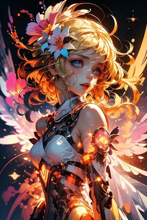 <lora:lumine:0.8> blonde hair, 1girl, hair ornament, yellow eyes, bangs, flower, hair flower, breasts, blush, bare shoulders <lora:wrenchsmechs:0.8> wrenchsmechs, glowing, mecha, halo, mechanical wings, long hair, (wings:1.2),(close portrait:1.3),thematic background