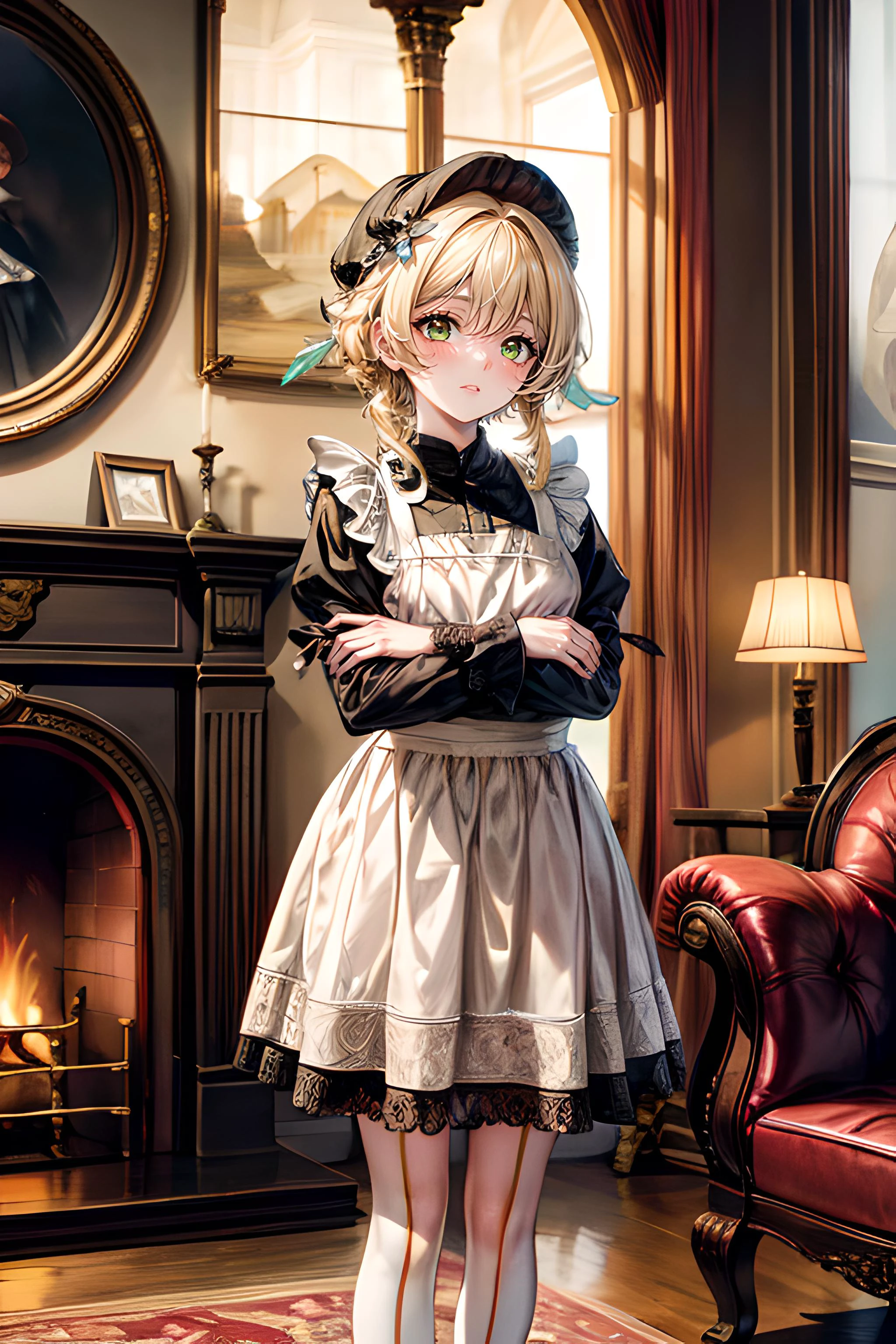French Maid (Early 20th Century): A (cute young girl:1.1) with curly blonde hair, bright green eyes, light skin, petite, wearing a short, black (maid dress1.2) with white lace trim, a full white apron, a cap, and sometimes carrying a feather duster, (stockings:1.1). Set within a quintessentially Parisian apartment, adorned with gold and white trimmings, high ceilings, tall windows with heavy velvet drapes, ornate furniture adorned with gold leaf, a fireplace flickering warmly, and delicate china arranged meticulously on a polished wooden table, <lora:add_detail:1> <lora:lumine:1>