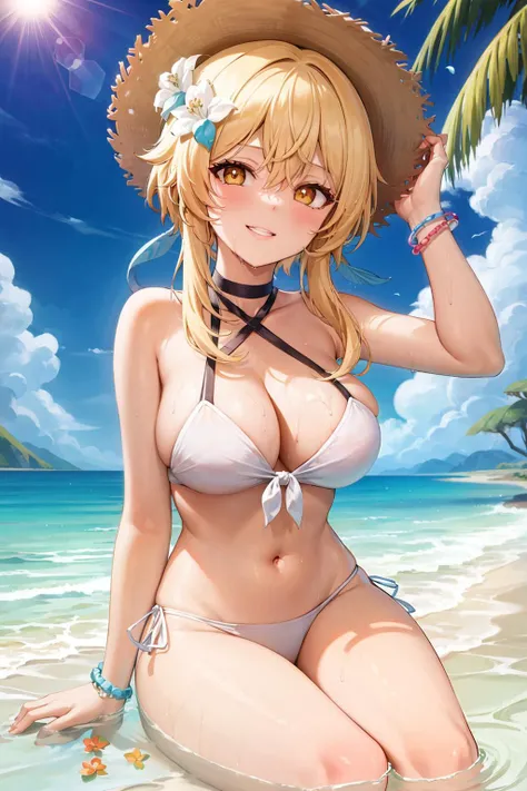 masterpiece, best quality, <lora:lumine:1>,1girl, breasts, swimsuit, solo, flower, bikini, blonde hair, lumine (genshin impact), cleavage, hair ornament, navel, looking at viewer, eyewear on head, hair flower, yellow eyes, outdoors, halterneck, stomach, fruit, smile, criss-cross halter, side-tie bikini bottom, white choker, white bikini, day, hat, large breasts, choker, water, food, bare shoulders, sitting, feathers, front-tie top, scrunchie, sunglasses, hand on eyewear, hat flower, hibiscus, blush, parted lips, thighs, wet, bangs, watermelon, white flower, front-tie bikini top, straw hat, sidelocks, sky, wrist scrunchie, arm up, grin, collarbone, hair between eyes, long hair, feather hair ornament, partially submerged, cloud, hand up, blue flower, string bikini, arm support, leaf, petals, short hair with long locks, artist name, blue sky, ocean, beach, bare arms, brown headwear, flower bracelet, adjusting eyewear, beads, bird, basket, bead bracelet, sun hat, tinted eyewear