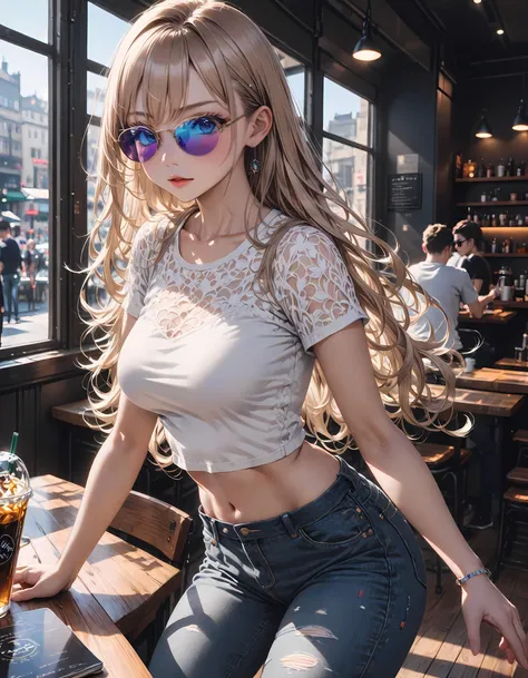 (masterpiece:1.2), (best quality:1.2), newest, intricate details, ai-generated, perfect anatomy, photorealistic, perfect anatomy, cinematic lighting, shading, super detailed skin, beautiful detailed eyes, best quality, ultra-detailed, (illustration), ultra-detailed, looking at viewer, (extremely delicate eyes:1.3), crop top, sunglasses, jeans, (modern asthetic), (cafe), (blonde_hair:1.3), (long flowing hair), (blue eyes), Iridescent, modern theme, dynamic pose, vibrant colour, shadow, contrast, refraction, perspective, depth, good anatomy, stunning details