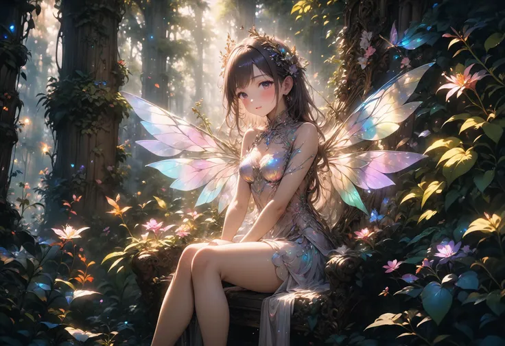 beautiful fairy with raimbow wings, sits on a throne made of plants and flowers, on deep forest, sun light throung leaf, volumetric light, iridescent light, close up on body, (masterpiece:1.2),(best quality:1.2),newest, ai-generated, intricate details, perfect anatomy,