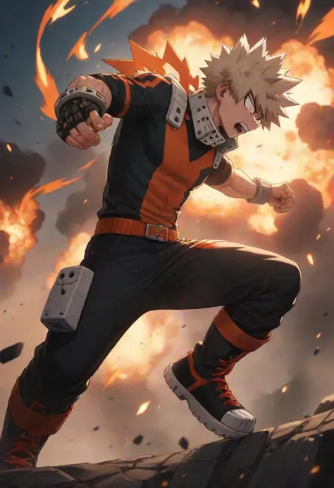 1boy, male focus, bakugou katsuki, boku no hero academia,explosions, dynamic pose, masterpiece, best quality, very aesthetic, absurdres,newest,intricate, anime style,