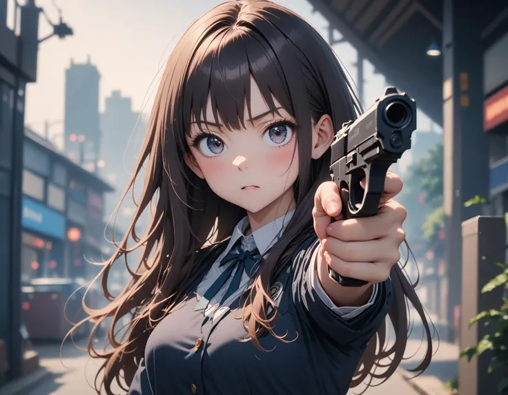 1girl,inoue takina,lycoris recoil,aiming with handgun pointing with gun at viewer,, masterpiece, best quality, very aesthetic, absurdres,newest,ai-generated, intricate,