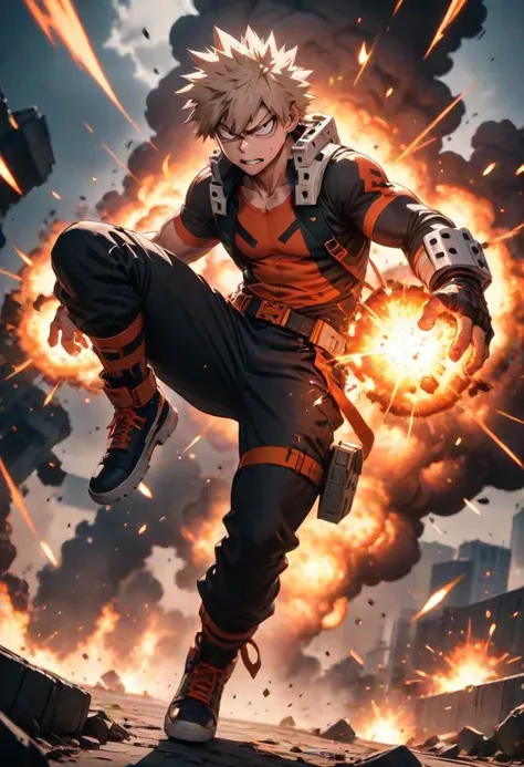 1boy, male focus, bakugou katsuki, boku no hero academia,explosions, dynamic pose, masterpiece, best quality, very aesthetic, absurdres,newest,ai-generated, intricate,
