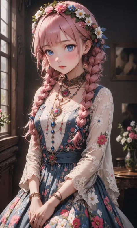 (masterpiece:1.2), (best quality:1.2), newest, intricate details, ai-generated, perfect anatomy, in RPG character drawing style. Young woman with blue eyes. Pink hair styled in two braids. She wears an old medallion around her neck where a flower is represented. Her head is topped with a simple flower crown. She is wearing a long, light bohemian style dress with a floral pattern.